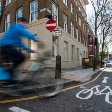 Painted bike traffic sign on road showing contraflow
